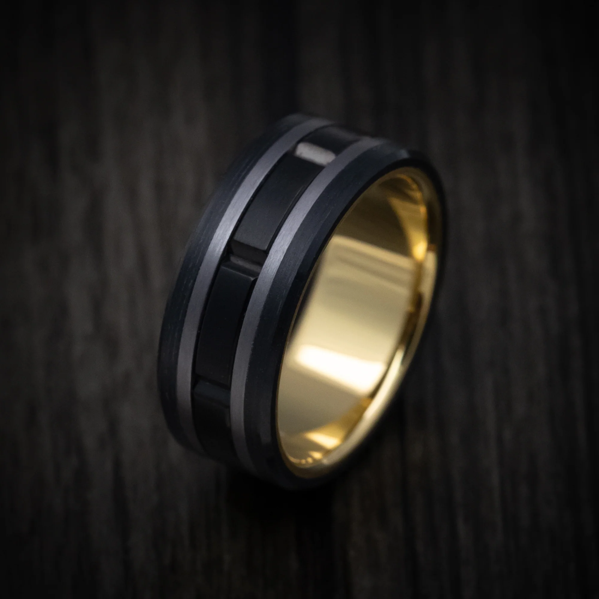 Black Titanium and Tantalum Men's Ring with Carbon Fiber Accents and 14K Gold Sleeve - Image 3
