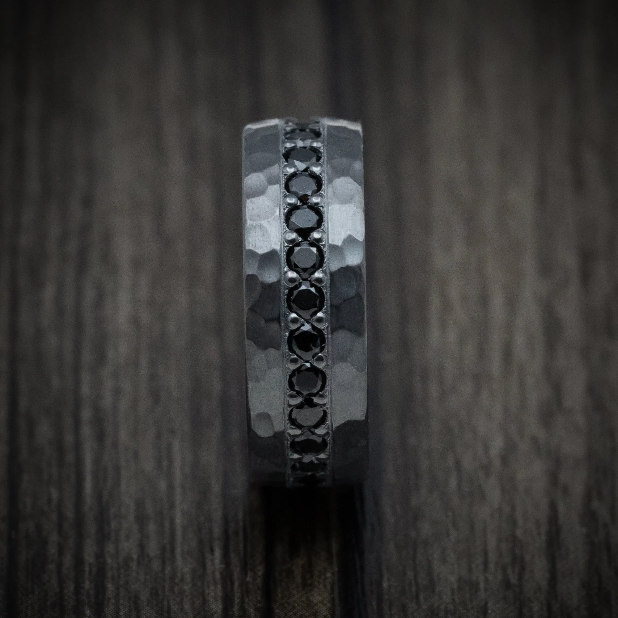 Black Titanium or Black Zirconium Custom Men's Ring with Eternity Black Diamonds and a Hammered Finish - Image 3