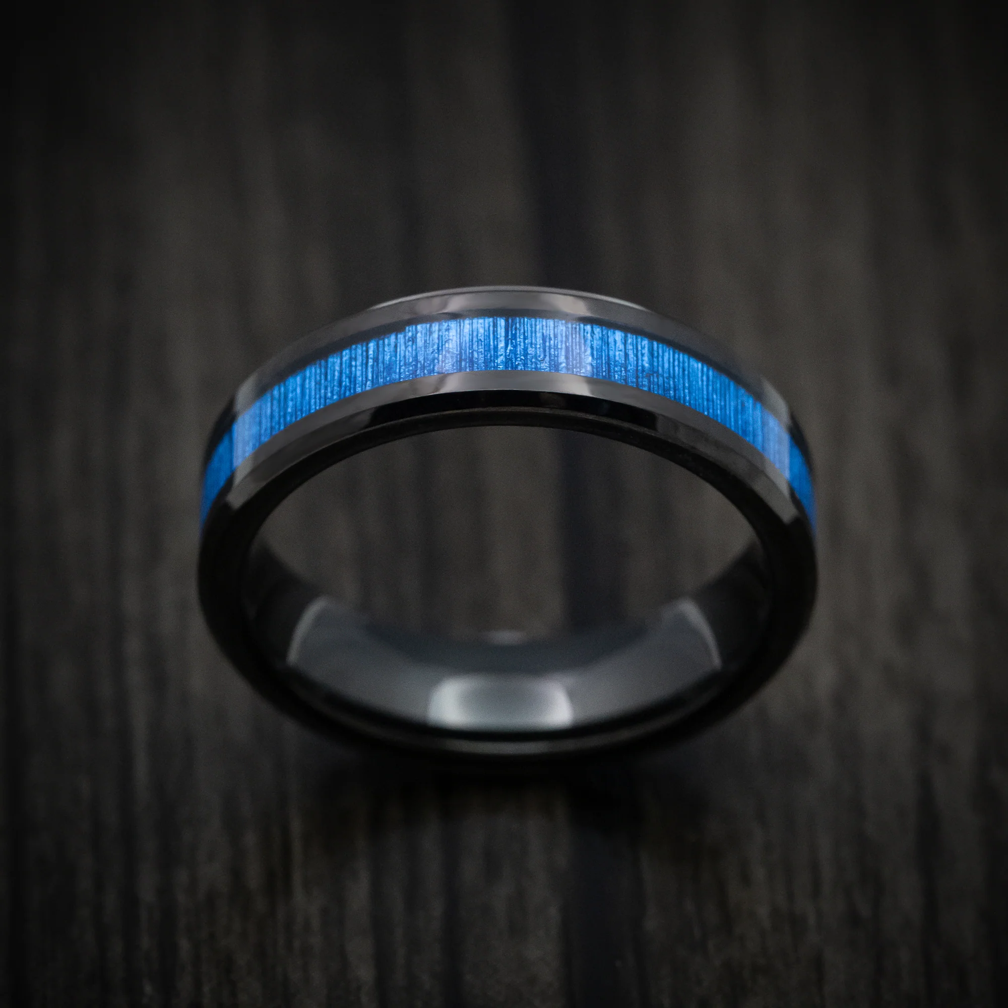 Black Tungsten Men's Ring with Blue Bamboo Inlay - Image 2