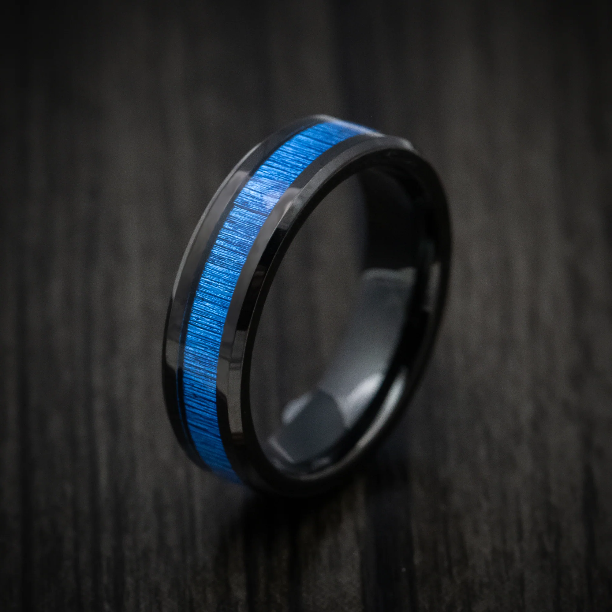 Black Tungsten Men's Ring with Blue Bamboo Inlay - Image 3