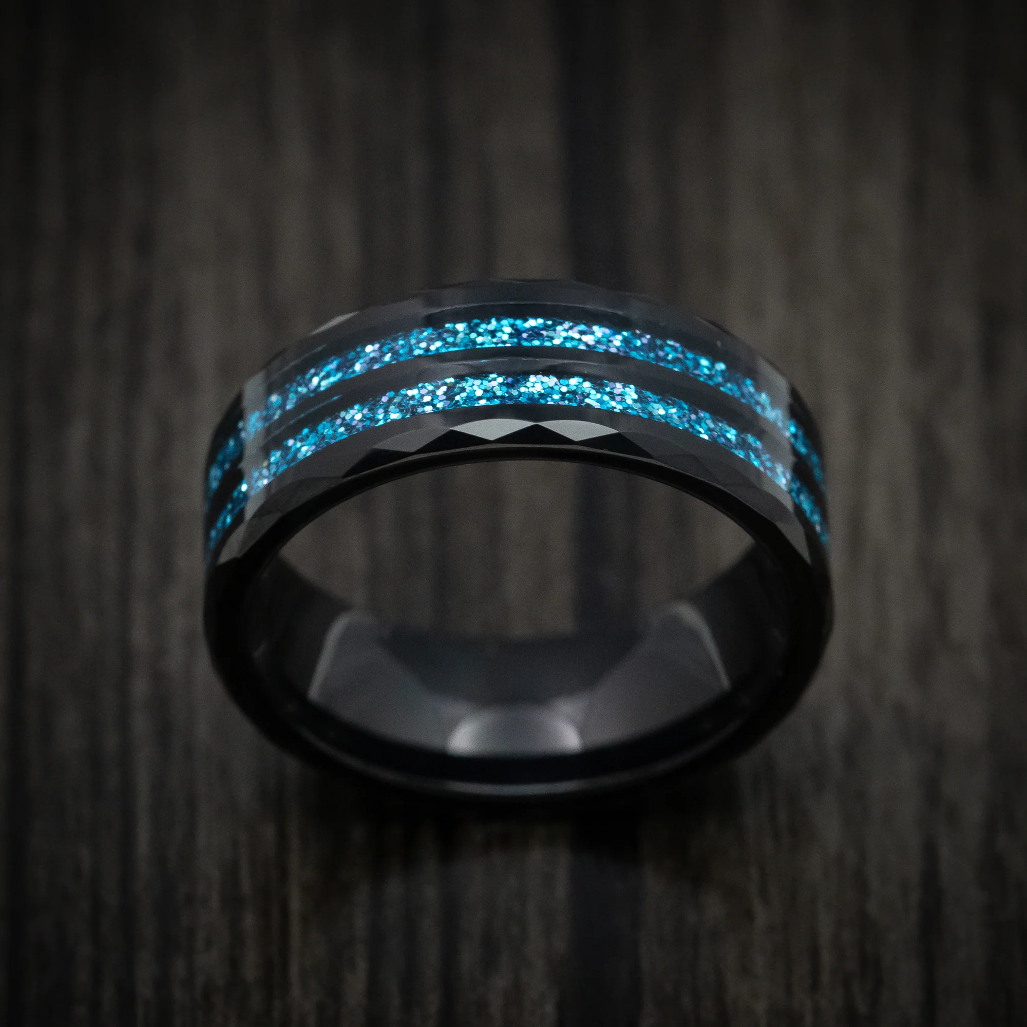 Black Tungsten Men's Ring with Blue Spark Inlays - Image 2
