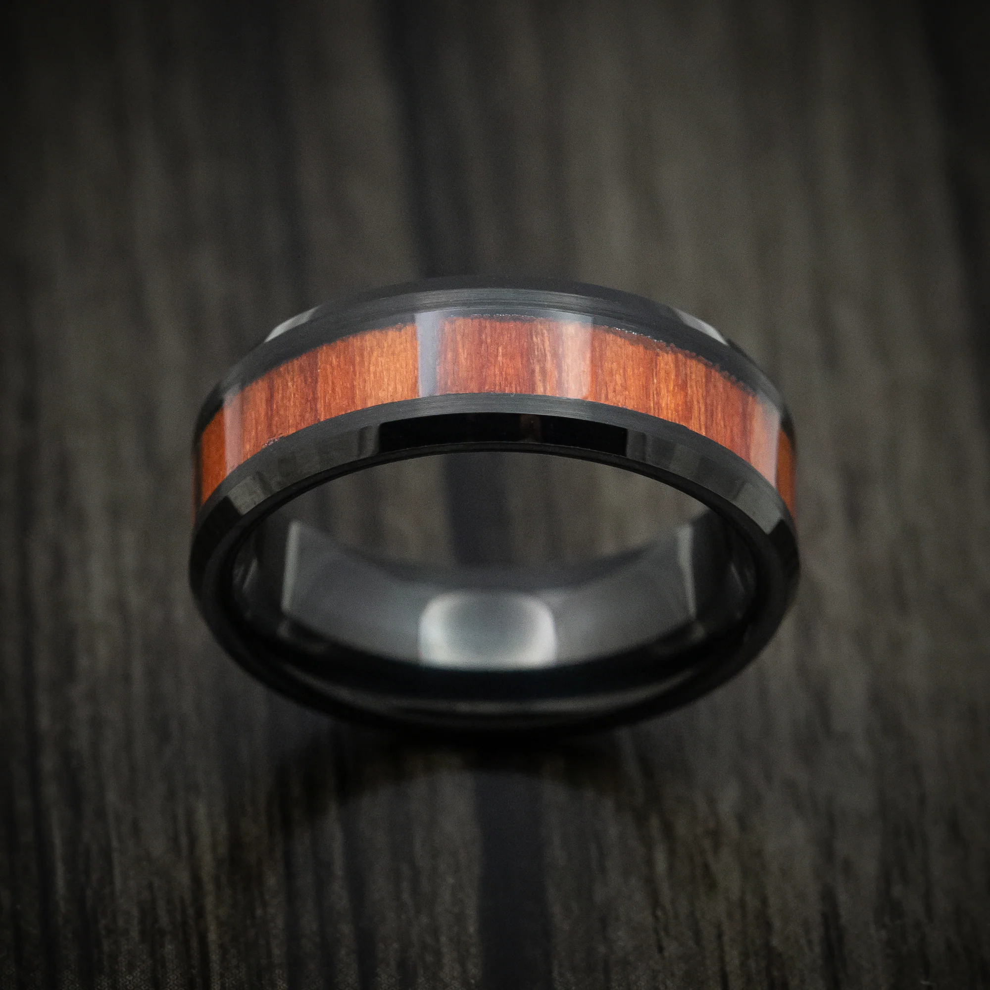 Black Tungsten Men's Ring with Mahogany Wood Inlay Band - Image 2