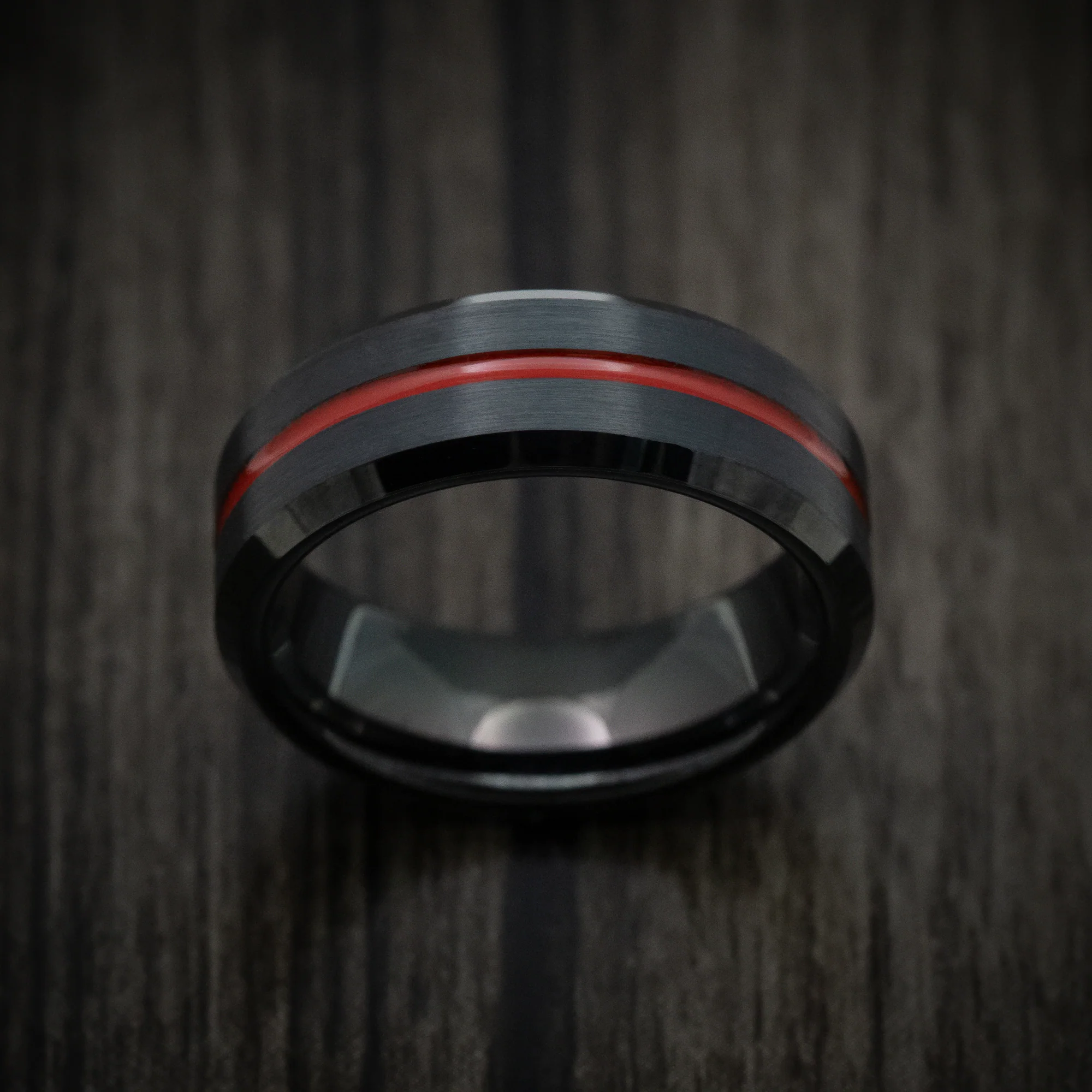 Black Tungsten Men's Ring with Red Line Inlay - Image 2