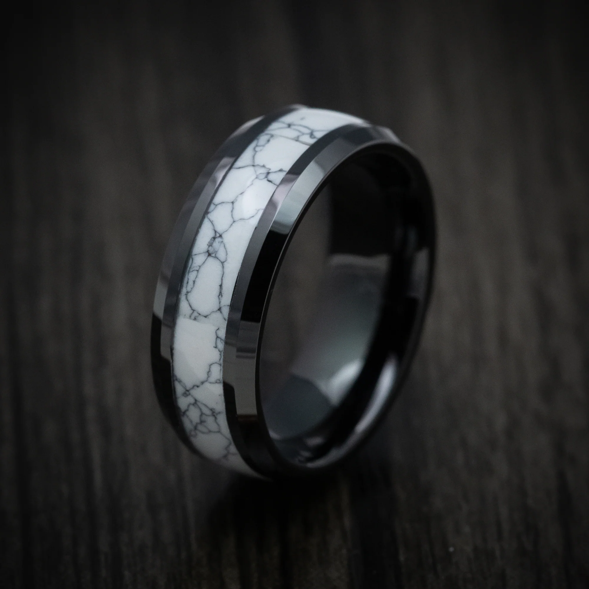 Black Tungsten Men's Ring with White Marble Inlay - Image 3