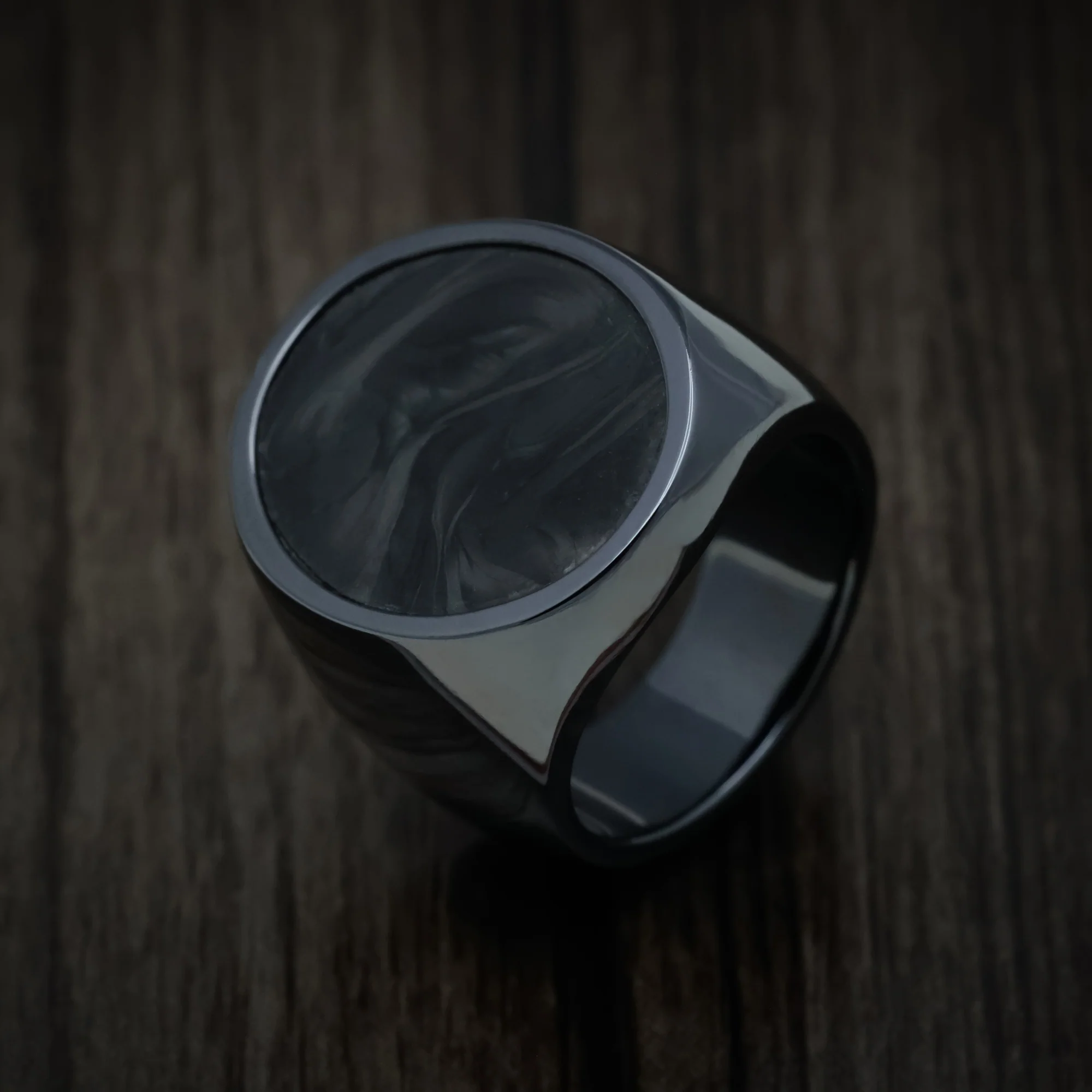 Black Zirconium Large Signet Ring with Forged Carbon Fiber Inlay - Image 3