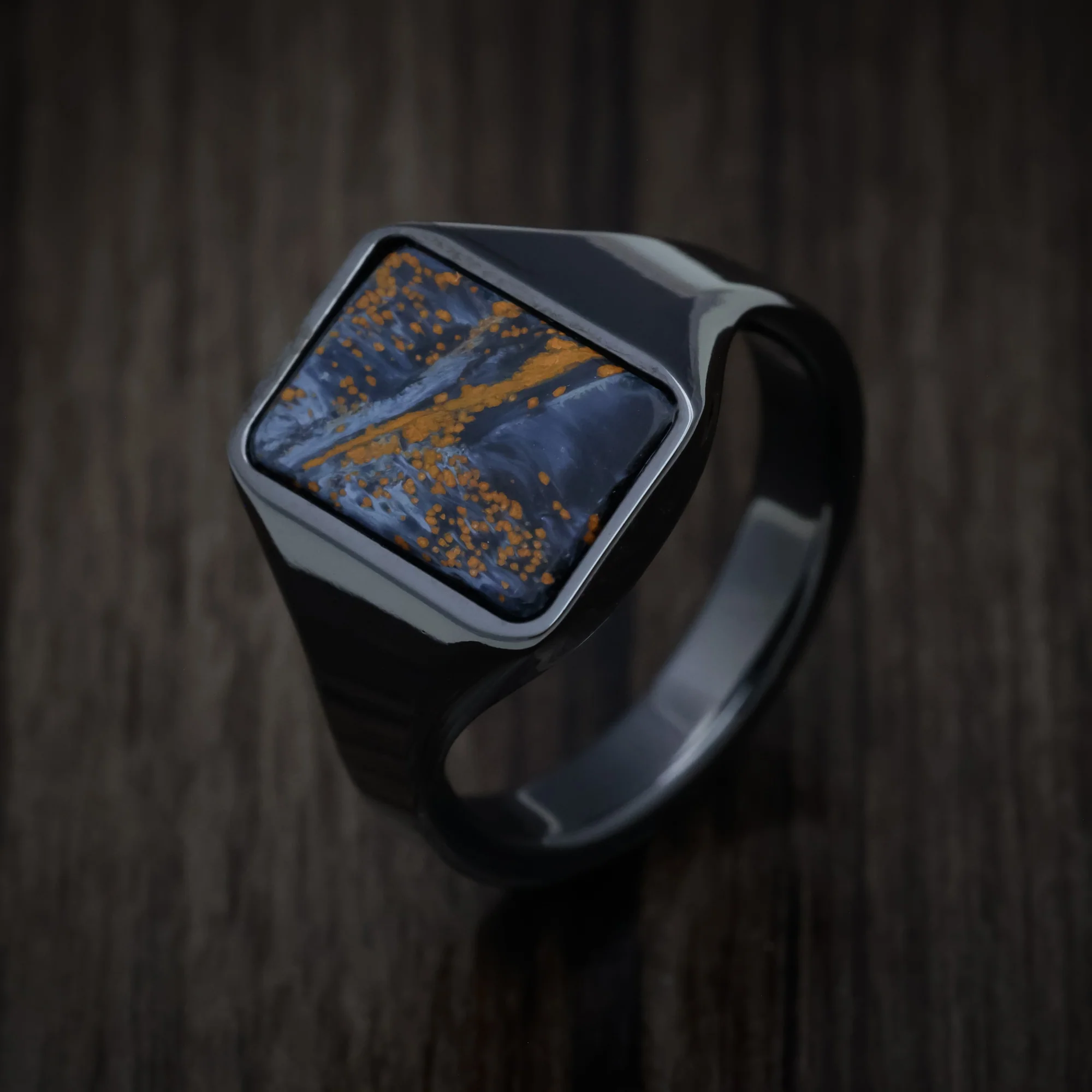 Black Zirconium Medium Signet Ring with Pietersite Stone Inlay - Image 3