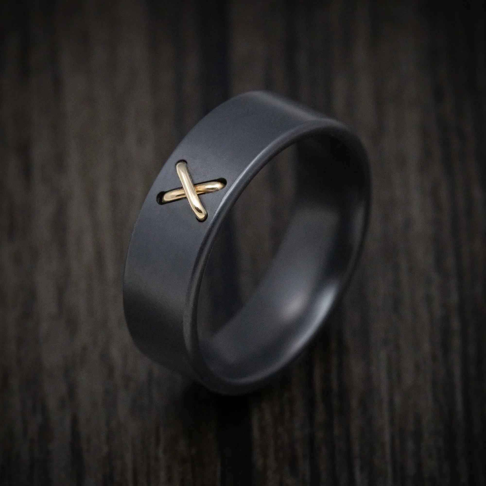 Black Zirconium Men's Ring with 14K Gold Stitch Design - Image 3
