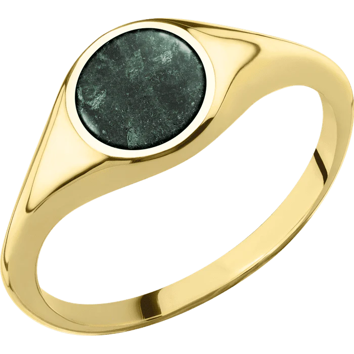 Circle 14k Yellow Gold Signet Ring / Polish Ring Finish and Polish Signet Finish / Aventurine Inlay with Semi-Precious Polish Finish / Size 7.75