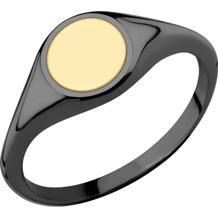 Circle Black Zirconium Signet Ring / Polish Ring Finish and Polish Signet Finish / 14k Yellow Gold Inlay with Polish Finish / Size 8.5