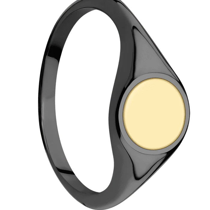 Circle Black Zirconium Signet Ring / Polish Ring Finish and Polish Signet Finish / 14k Yellow Gold Inlay with Polish Finish / Size 8.5 - Image 2