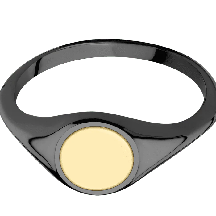 Circle Black Zirconium Signet Ring / Polish Ring Finish and Polish Signet Finish / 14k Yellow Gold Inlay with Polish Finish / Size 8.5 - Image 3