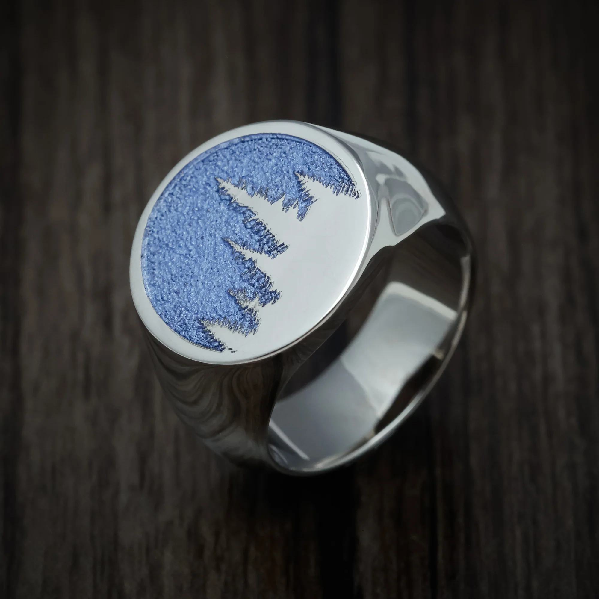 Cobalt Chrome Large Signet Ring with Trees Design - Image 3