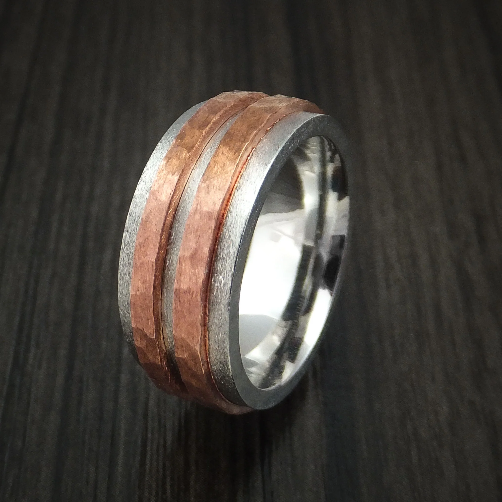 Cobalt Chrome Men's Ring with Raised Hammered Copper Inlays Custom Made Band - Image 4