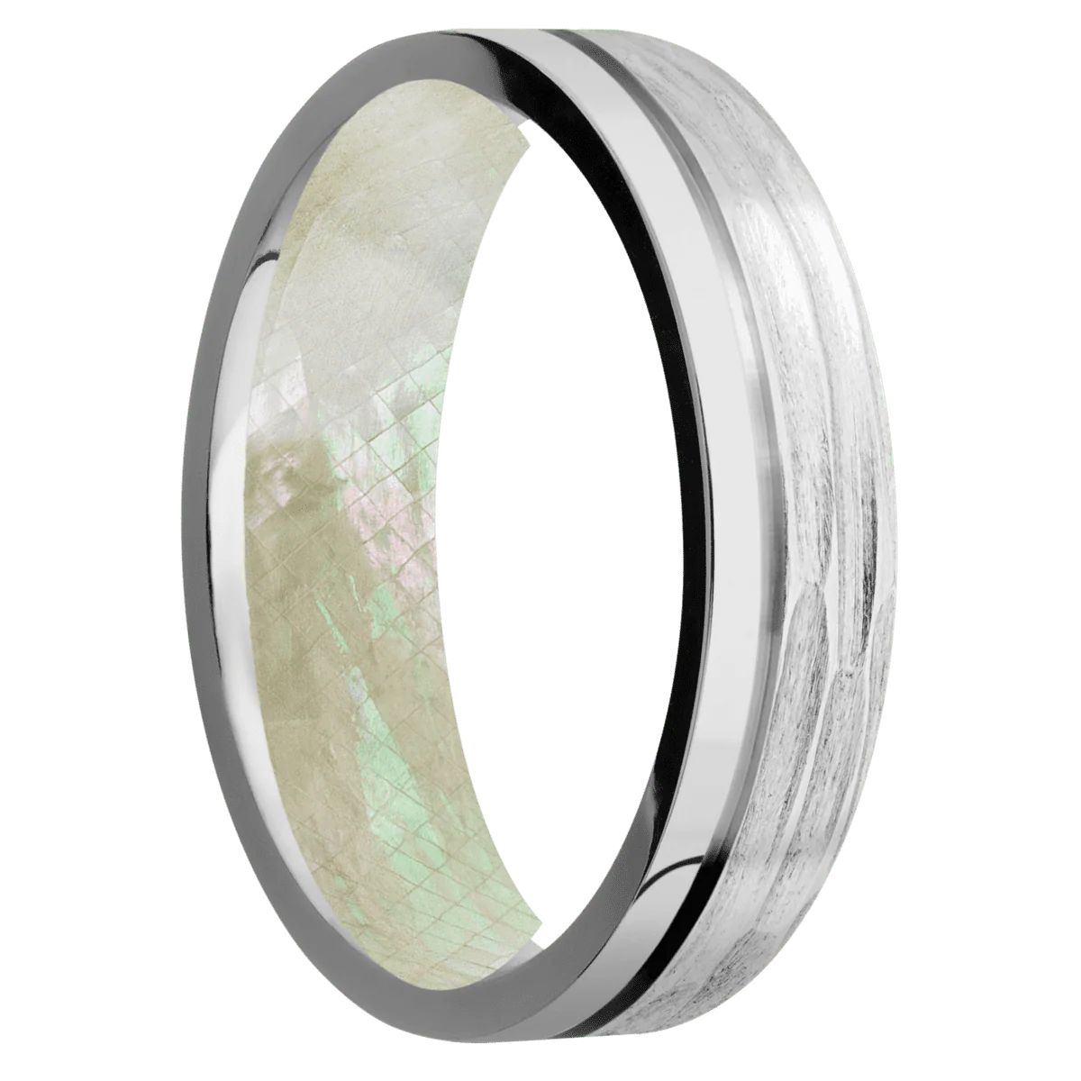 Cobalt Chrome + Treebarkh , Polish Finish + Freshwater Mother of Pearl
