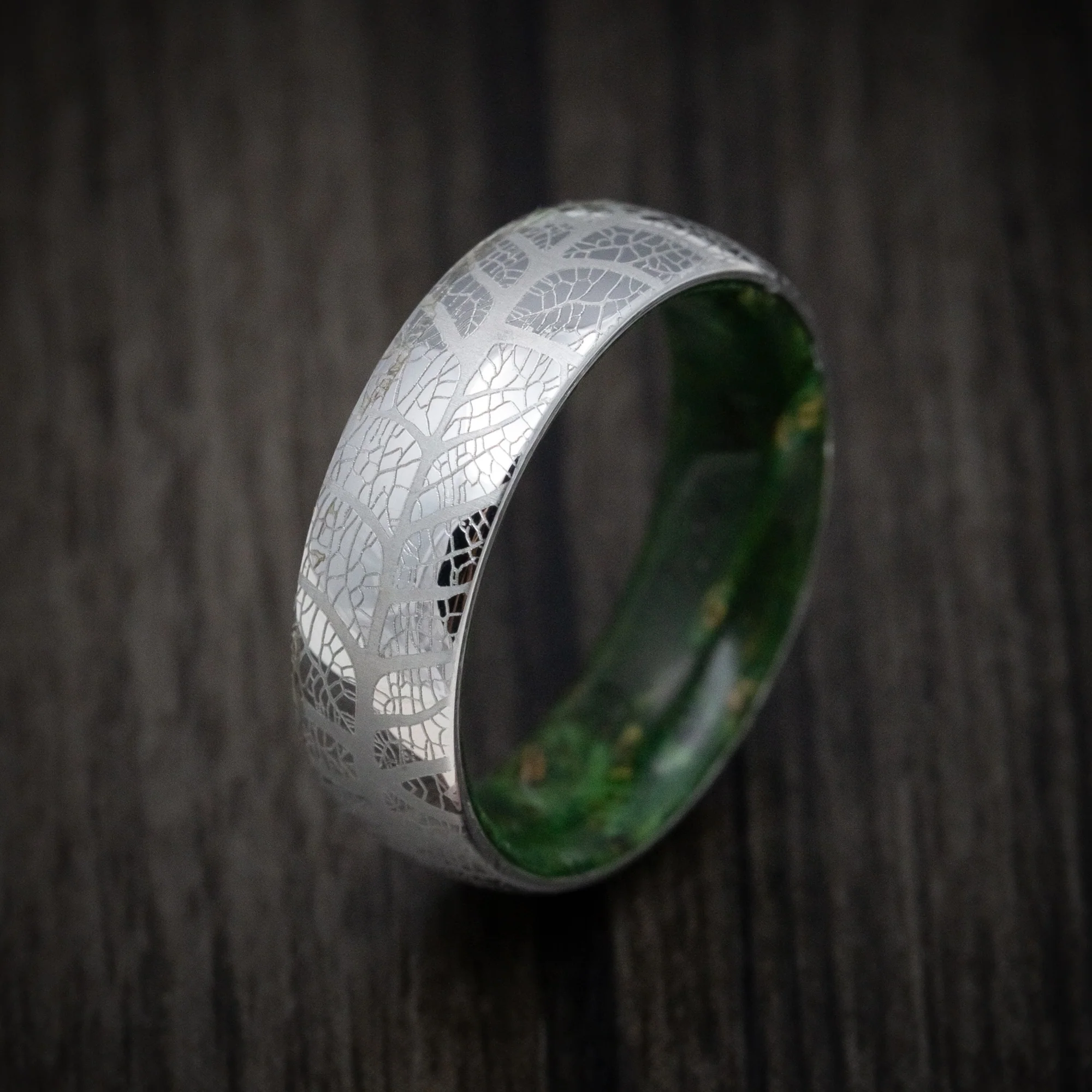 Cobalt Men's Ring with Leaf Design and Green Burl Wood Sleeve - Image 3
