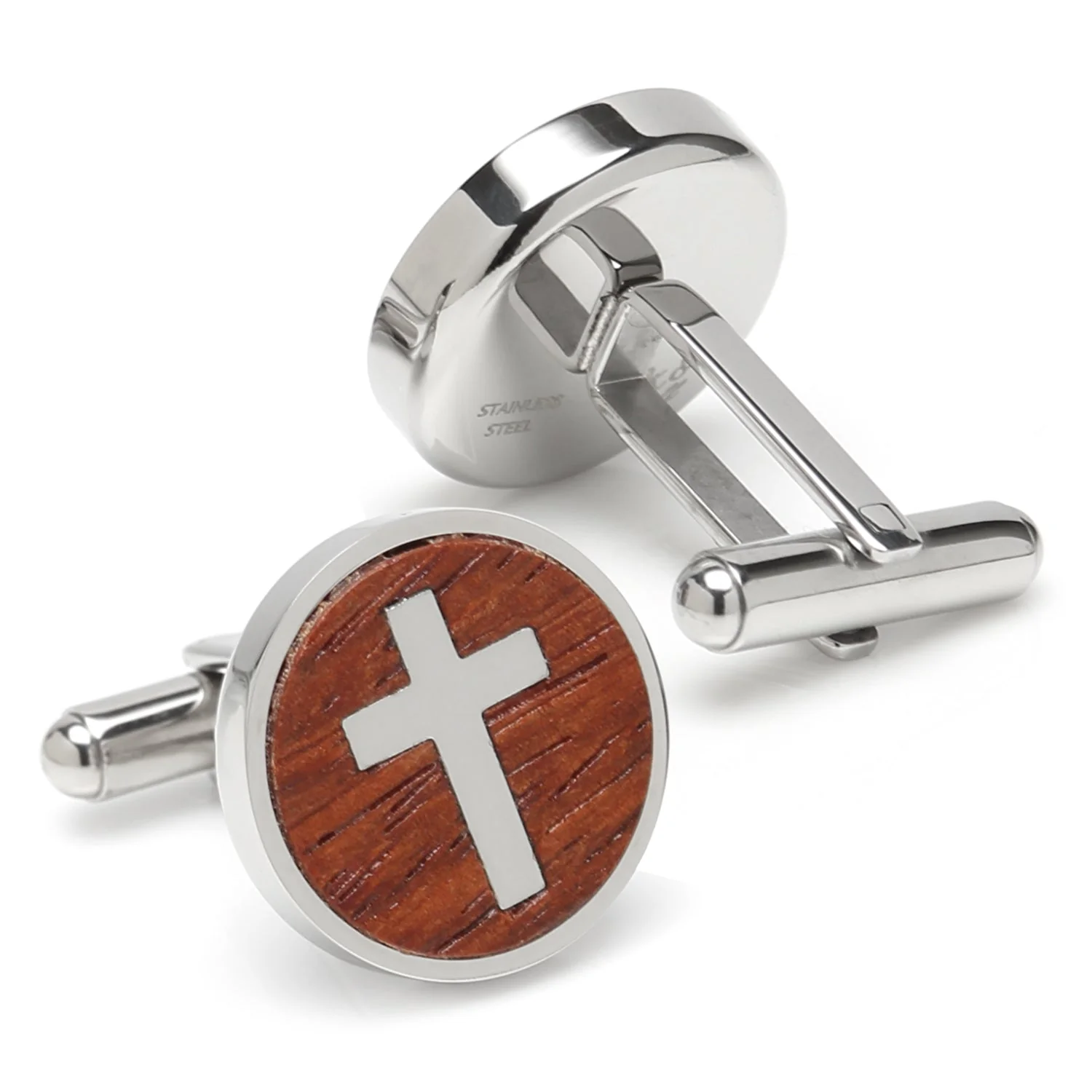 Cross Round Wood Stainless Steel Cufflinks - Image 2