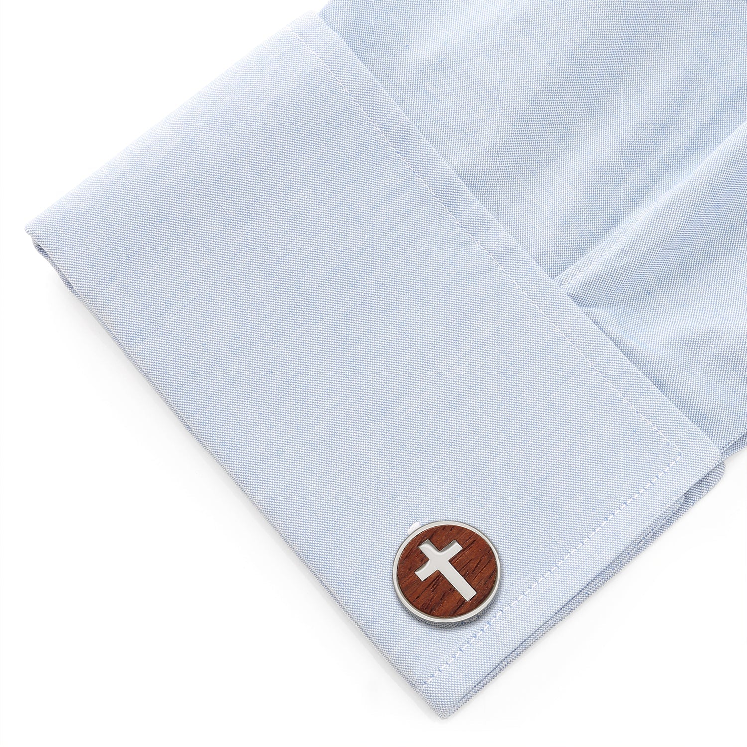 Cross Round Wood Stainless Steel Cufflinks - Image 3
