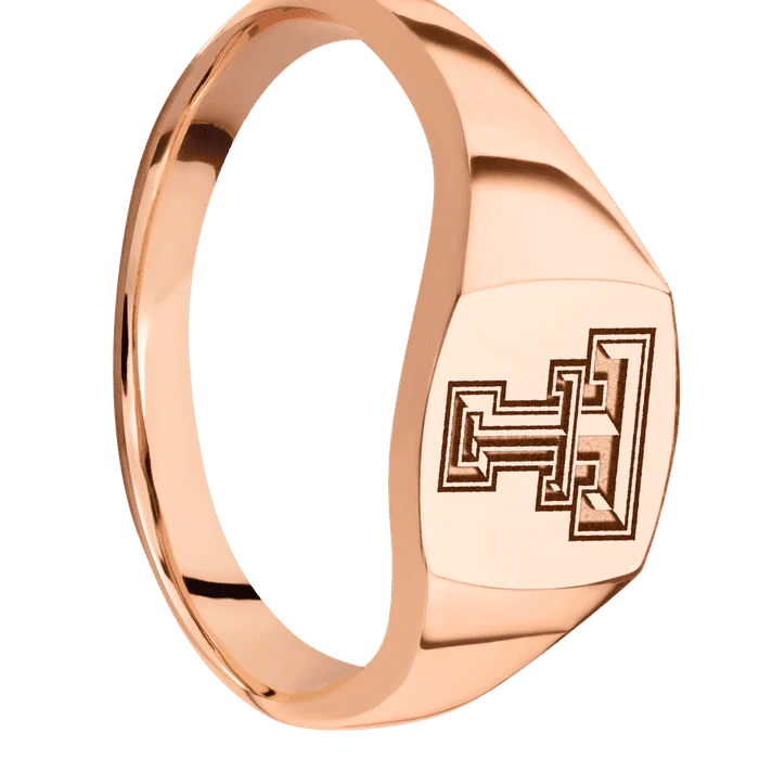 Cushion 18k Rose Gold Signet Ring / Polish Ring Finish and Polish Signet Finish / Texas Tech Double T Design / Size 5.75 - Image 2