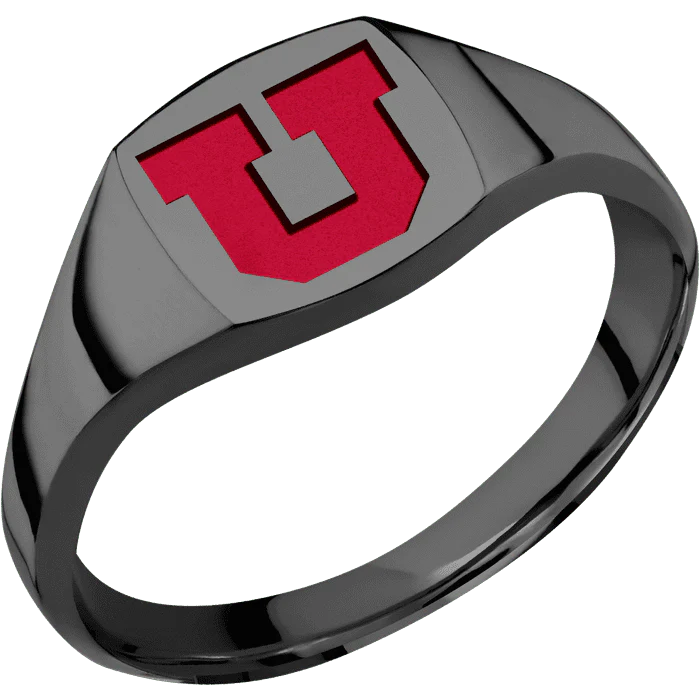 Cushion Black Zirconium Signet Ring / Polish Ring Finish and Polish Signet Finish / Utah Block U Design with Utah Red Cerakote / Size 8.5