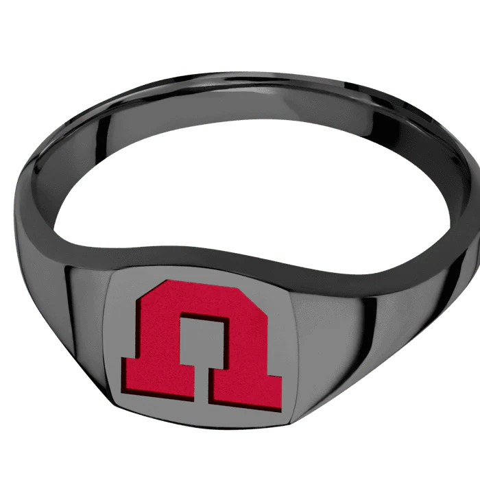 Cushion Black Zirconium Signet Ring / Polish Ring Finish and Polish Signet Finish / Utah Block U Design with Utah Red Cerakote / Size 8.5 - Image 3