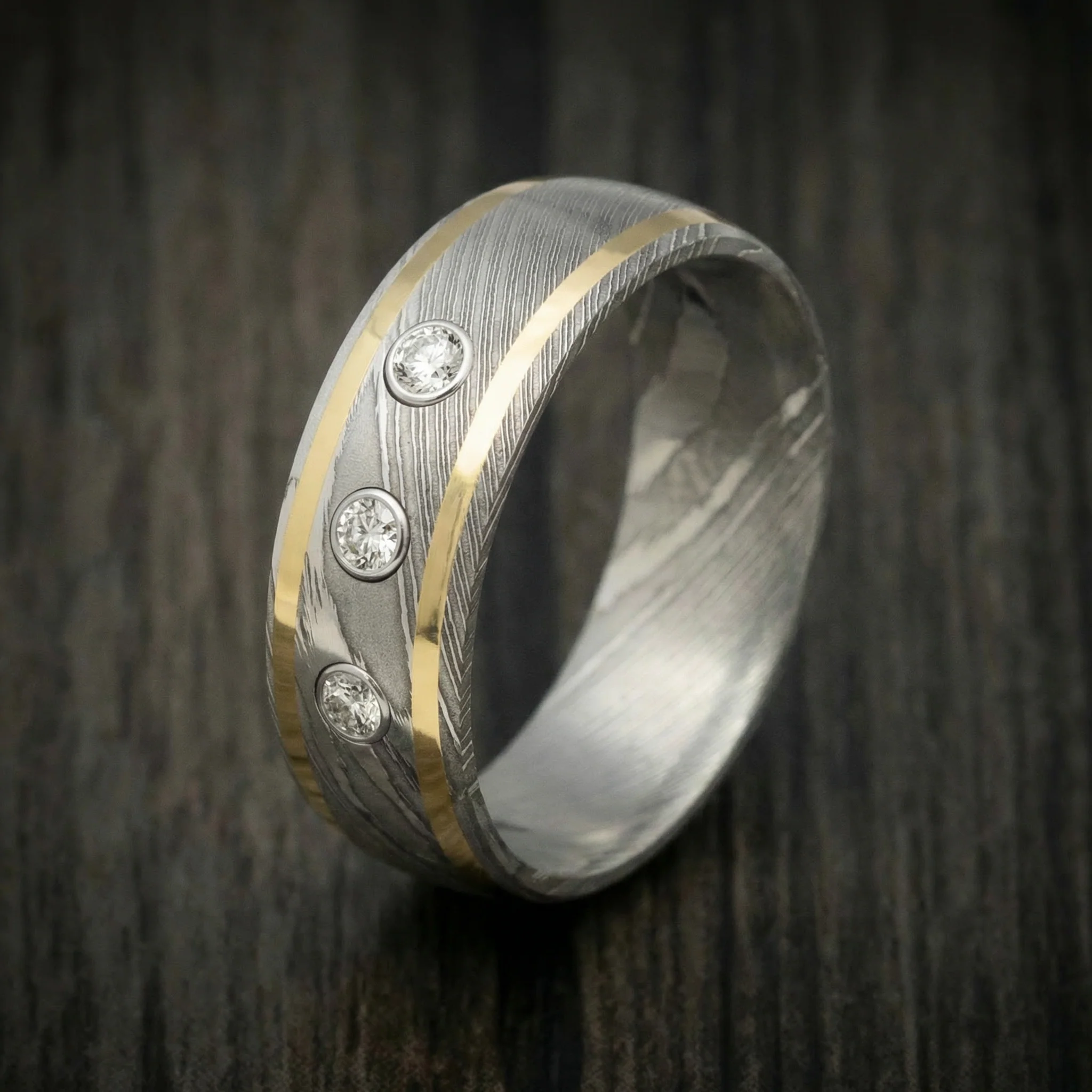 Damascus Steel Ring with 14K Gold Inlays and Lab Diamonds - Image 4