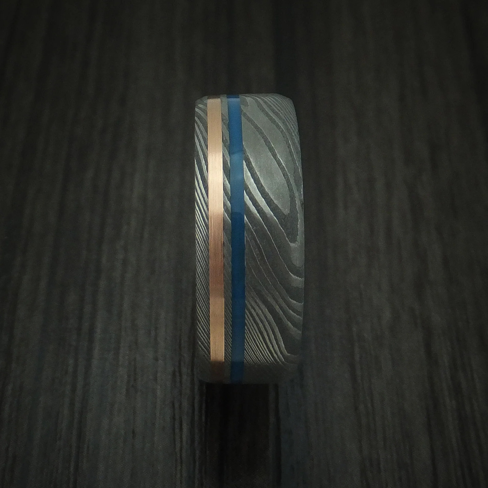 Damascus Steel with 14K Gold and Cerakote Men's Ring Custom Made - Image 3