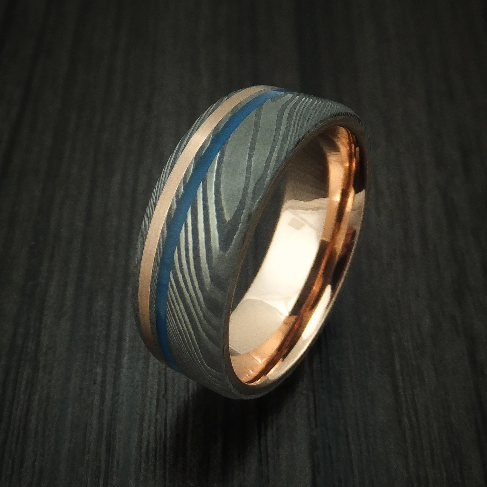 Damascus Steel with 14K Gold and Cerakote Men's Ring Custom Made - Image 4