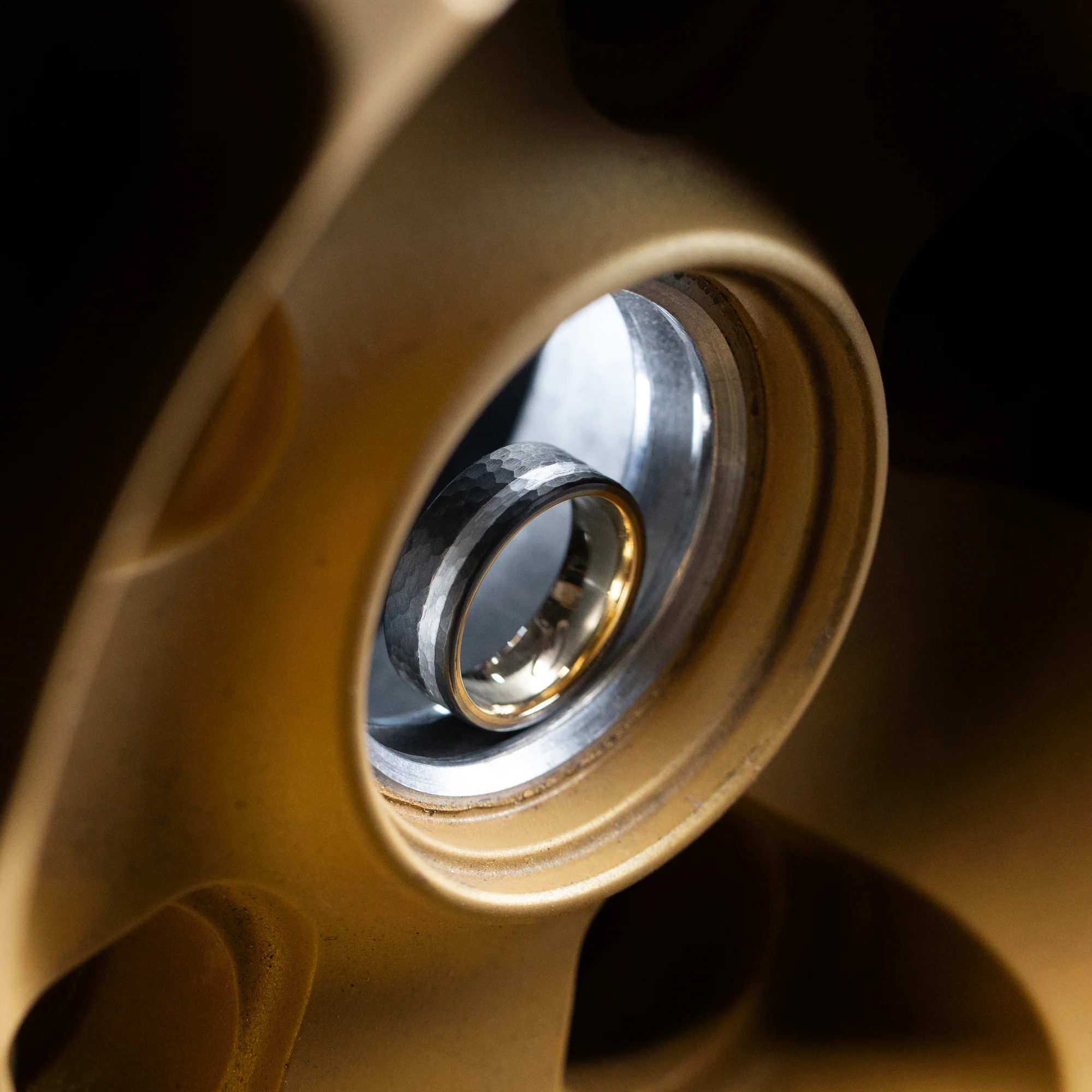 Darkened Tantalum Ring with Supercar Ron Authentic Supercar Wheel Inlay and 10K Gold Sleeve - Image 7