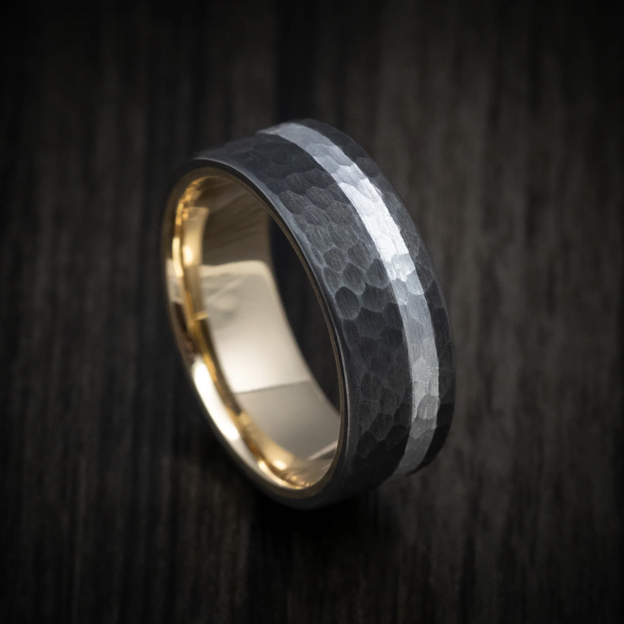 Darkened Tantalum Ring with Supercar Ron Wheel Inlay and 10K Gold Sleeve - Choose Your Wheel
