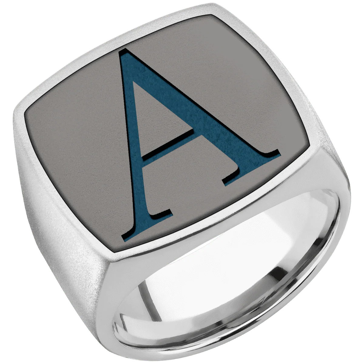 Extra Large Cushion signet ring (22x22mm) in Palladium Silver, with a Wide style band, a Tantalum Noir inlay and a Book Antiqua 1 engraving. - Image 2