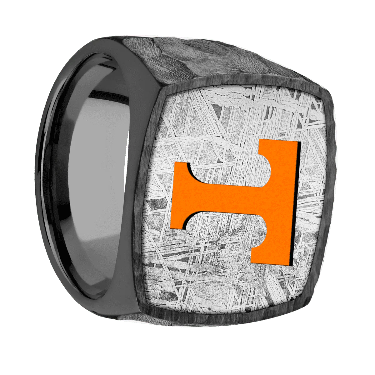 Extra Large Cushion signet ring (22x22mm) in Zirconium, with a Wide style band, a Meteorite inlay and a Tennessee Power T engraving.