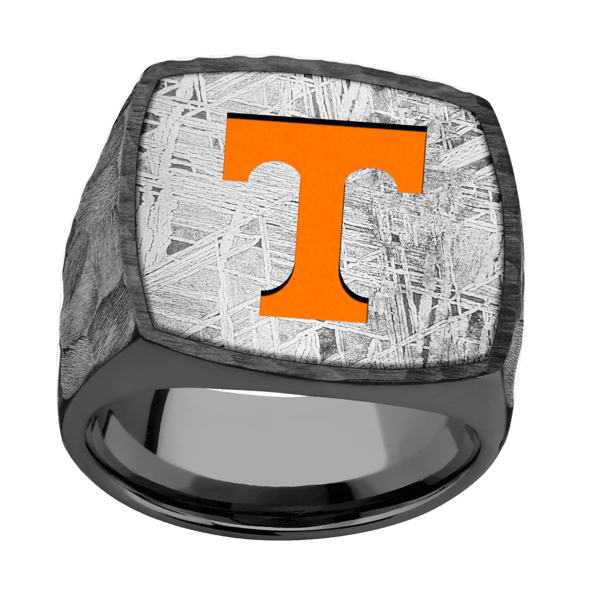 Extra Large Cushion signet ring (22x22mm) in Zirconium, with a Wide style band, a Meteorite inlay and a Tennessee Power T engraving. - Image 3