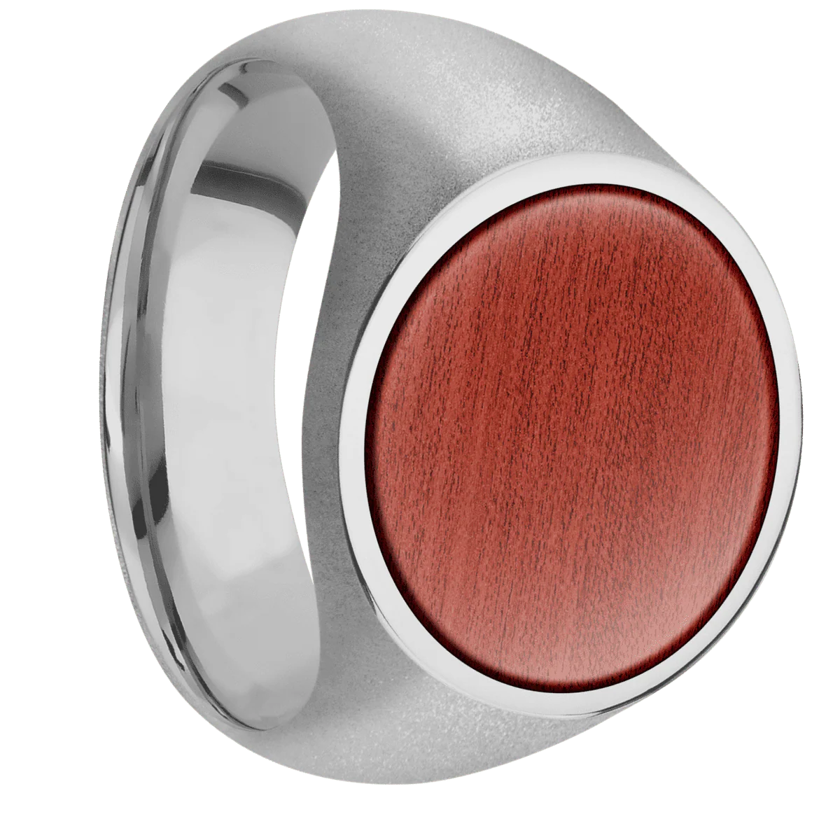 Large Circle signet ring (18mm) in Titanium, with a Wide style band, a Blood Wood inlay.