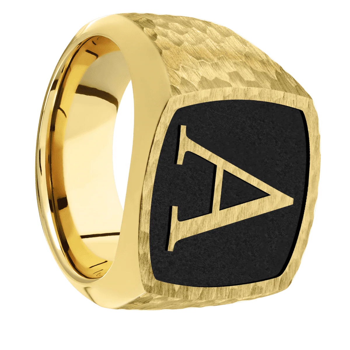 Large Cushion signet ring (18x18mm) in 10K Yellow Gold, with a Wide style band and a Book Antiqua 1 Rev engraving.