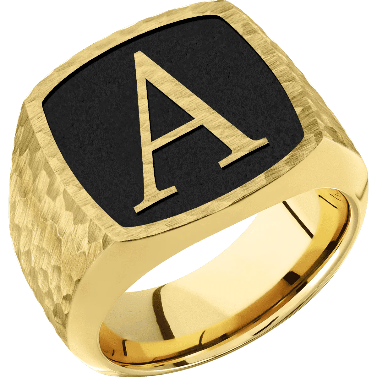 Large Cushion signet ring (18x18mm) in 10K Yellow Gold, with a Wide style band and a Book Antiqua 1 Rev engraving. - Image 2