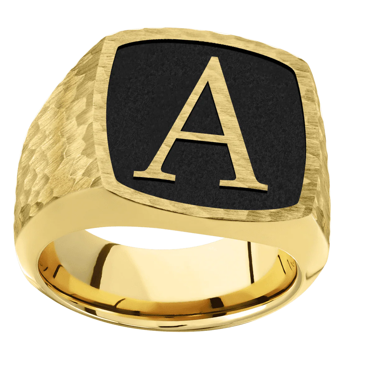 Large Cushion signet ring (18x18mm) in 10K Yellow Gold, with a Wide style band and a Book Antiqua 1 Rev engraving. - Image 3
