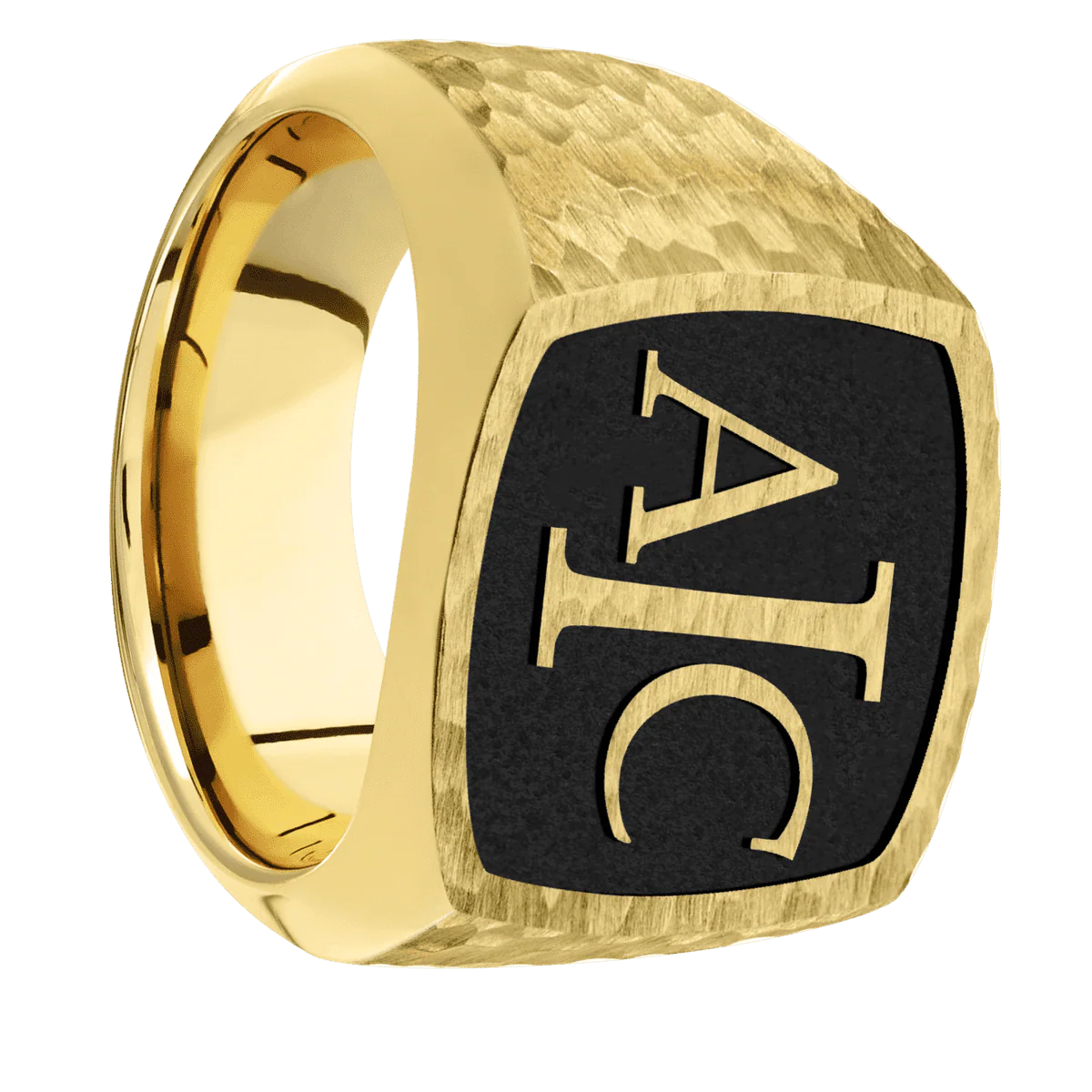 Large Cushion signet ring (18x18mm) in 10K Yellow Gold, with a Wide style band and a Book Antiqua 3 Rev engraving.