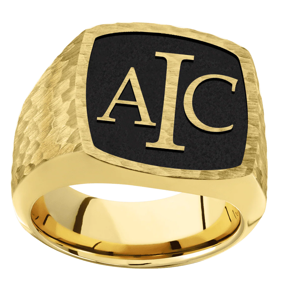 Large Cushion signet ring (18x18mm) in 10K Yellow Gold, with a Wide style band and a Book Antiqua 3 Rev engraving. - Image 3