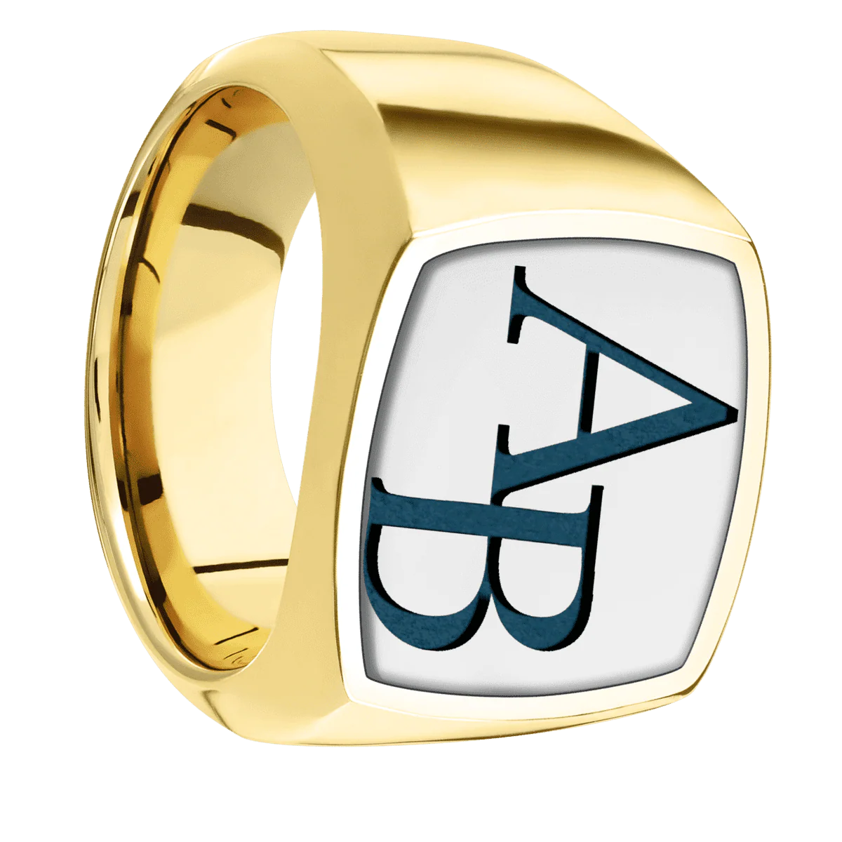 Large Cushion signet ring (18x18mm) in 14K Yellow Gold, with a Wide style band, a 14K White Gold inlay and a Book Antiqua 2 engraving.