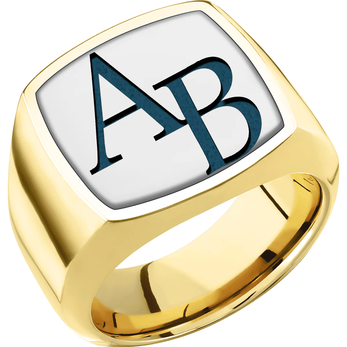 Large Cushion signet ring (18x18mm) in 14K Yellow Gold, with a Wide style band, a 14K White Gold inlay and a Book Antiqua 2 engraving. - Image 2