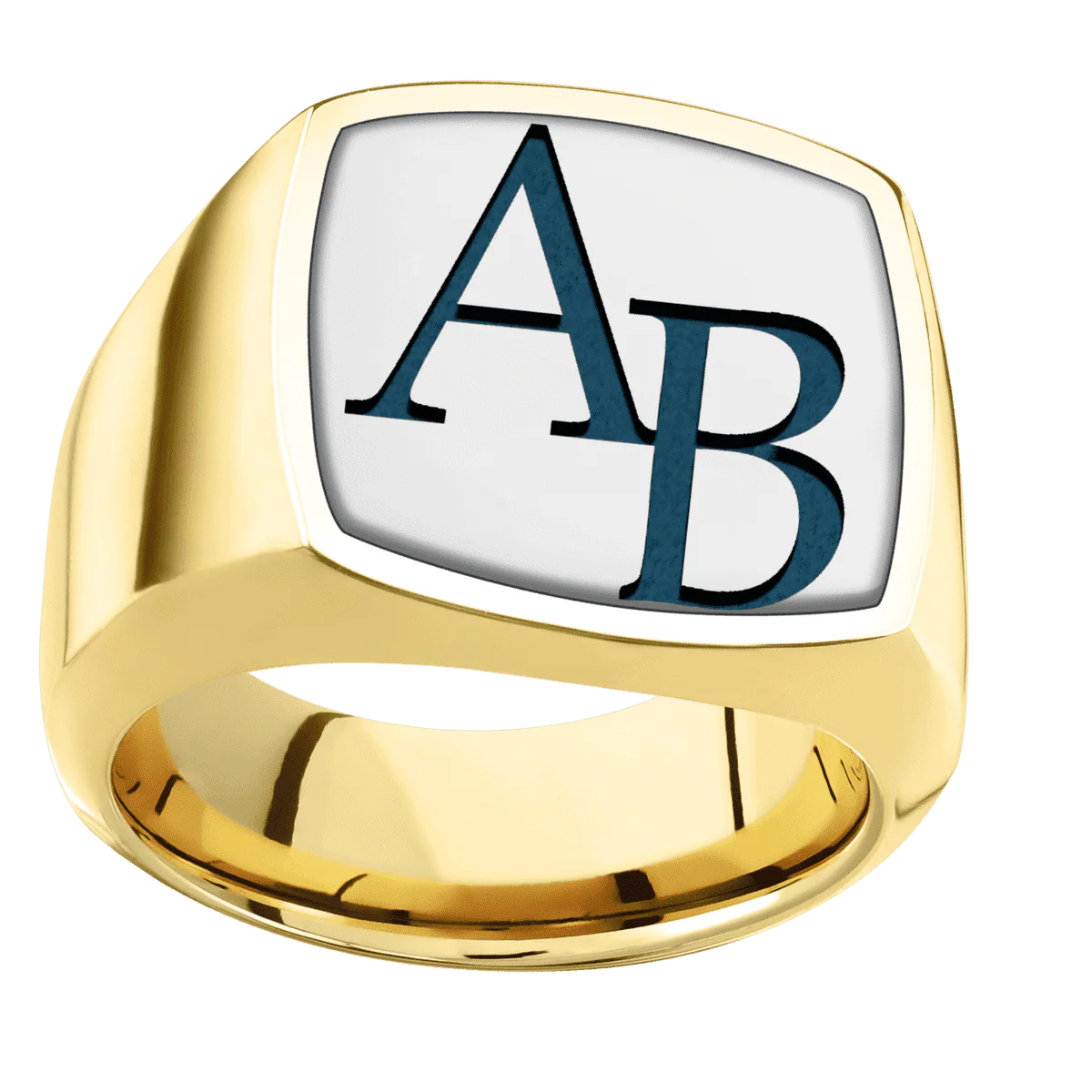 Large Cushion signet ring (18x18mm) in 14K Yellow Gold, with a Wide style band, a 14K White Gold inlay and a Book Antiqua 2 engraving. - Image 3
