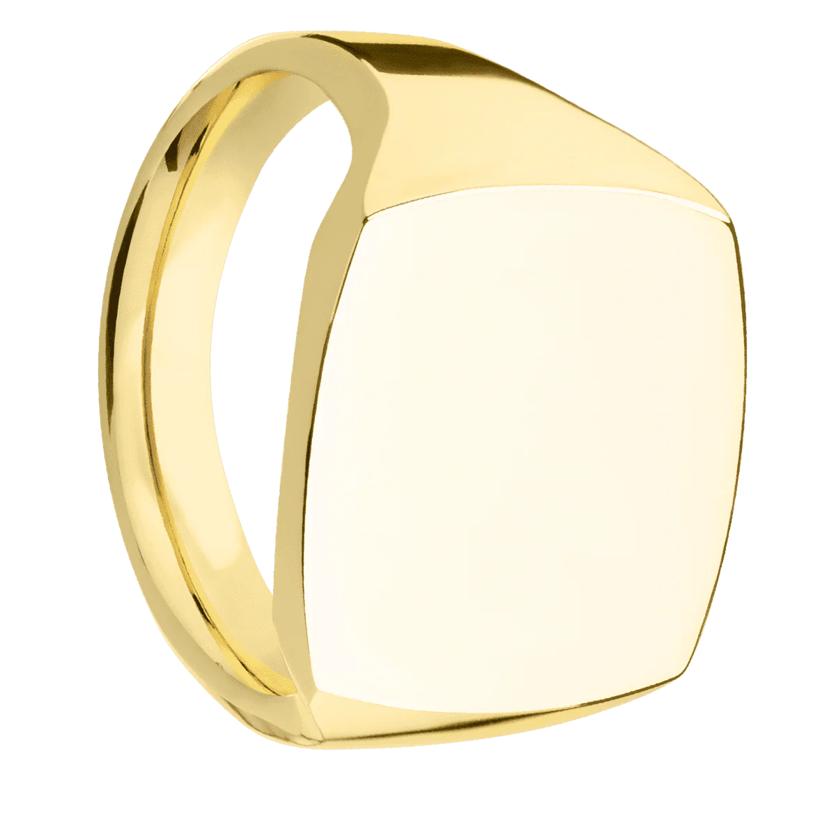 Large Cushion signet ring (18x18mm) in 18K Yellow Gold, with a Thin style band.