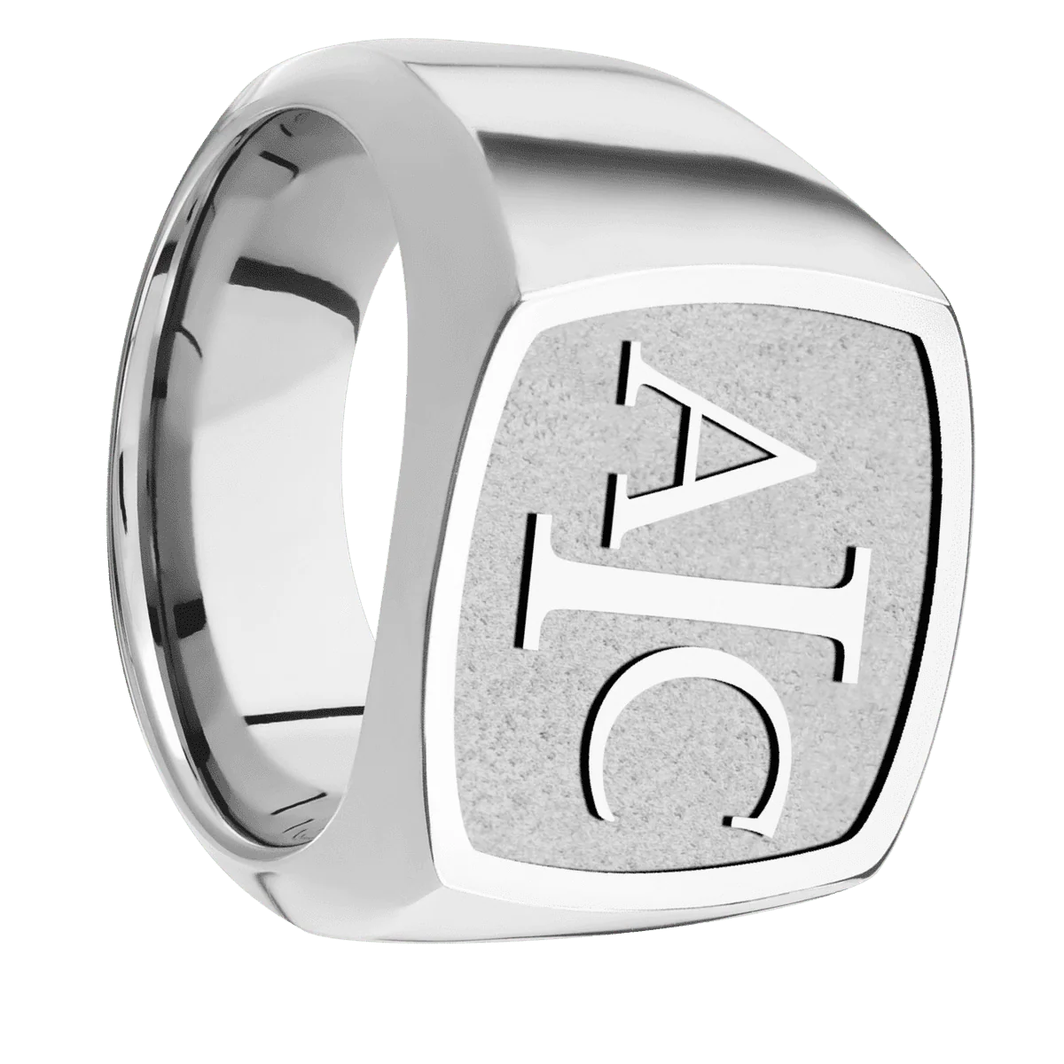 Large Cushion signet ring (18x18mm) in Cobalt Chrome, with a Wide style band and a Book Antiqua 3 Rev engraving.