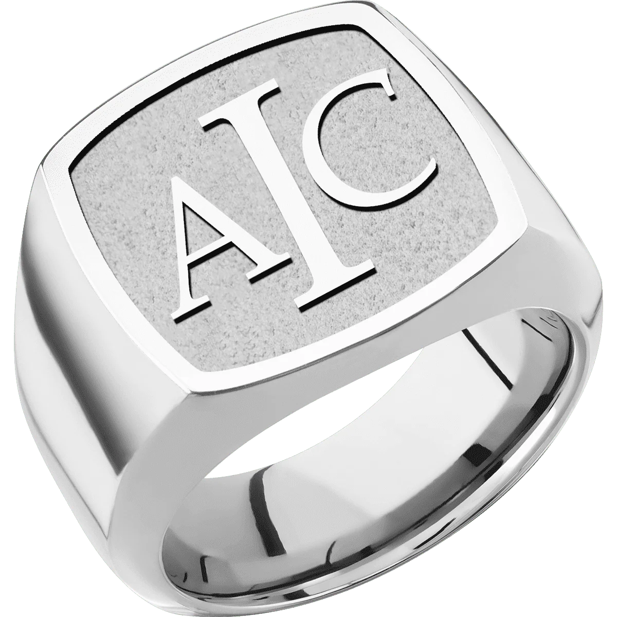 Large Cushion signet ring (18x18mm) in Cobalt Chrome, with a Wide style band and a Book Antiqua 3 Rev engraving. - Image 2