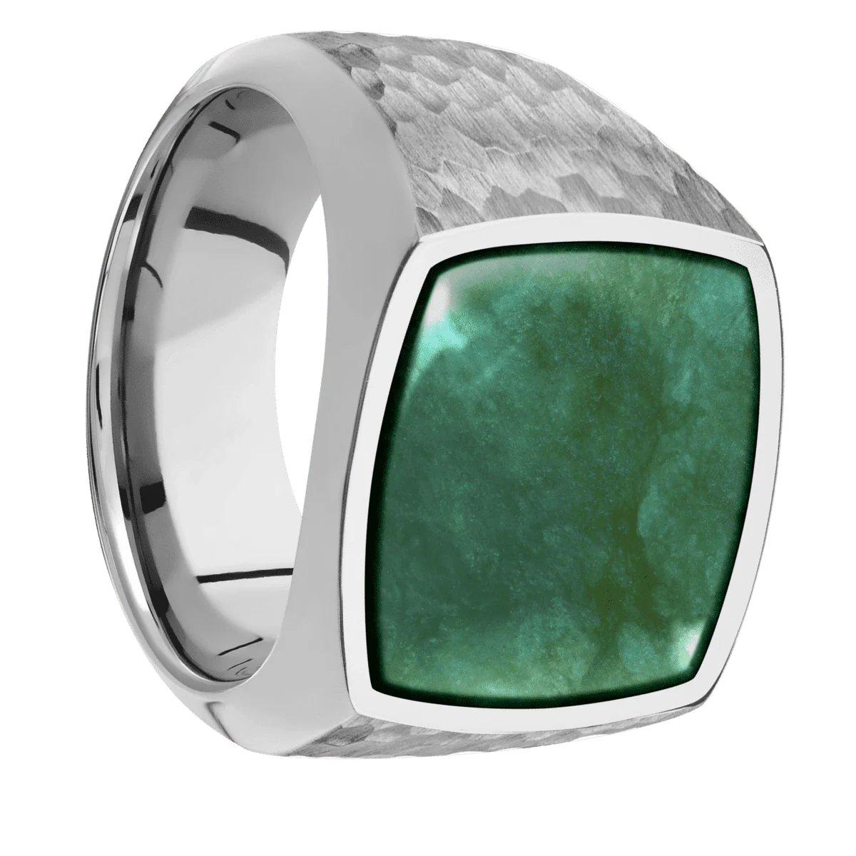 Large Cushion signet ring (18x18mm) in Titanium, with a Wide style band, a Washington Green Jade inlay.