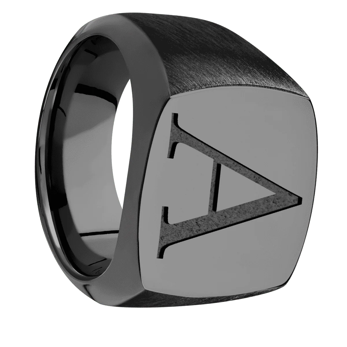 Large Cushion signet ring (18x18mm) in Zirconium, with a Wide style band and a Book Antiqua 1 engraving.
