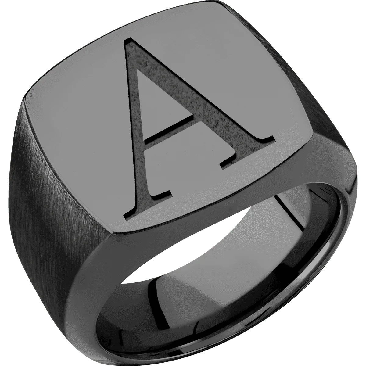 Large Cushion signet ring (18x18mm) in Zirconium, with a Wide style band and a Book Antiqua 1 engraving. - Image 2