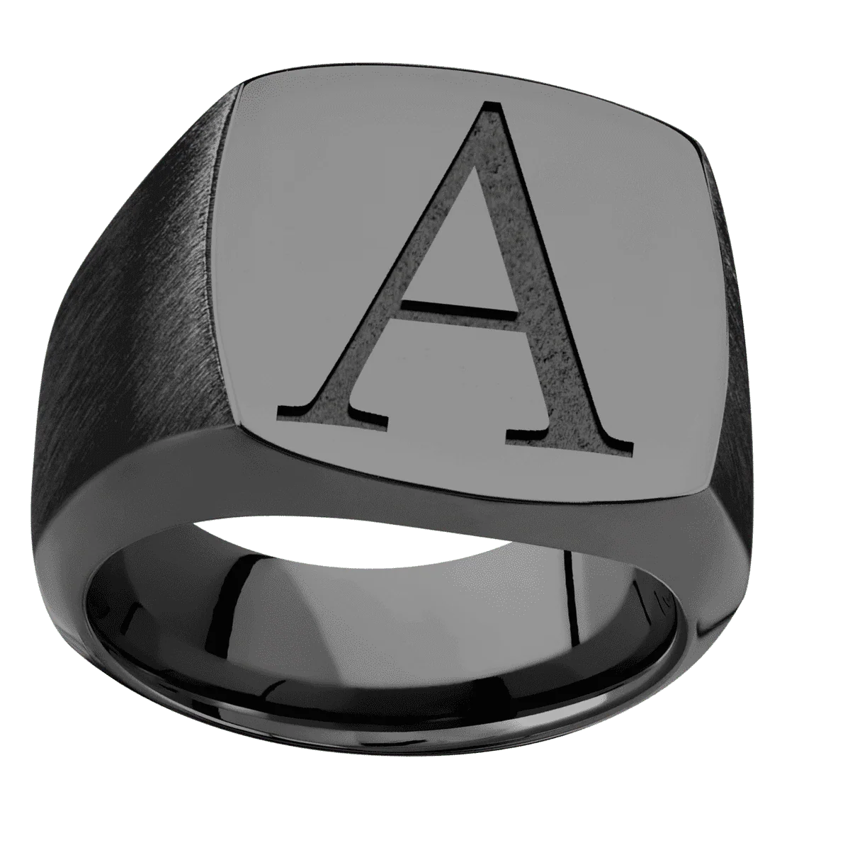 Large Cushion signet ring (18x18mm) in Zirconium, with a Wide style band and a Book Antiqua 1 engraving. - Image 3