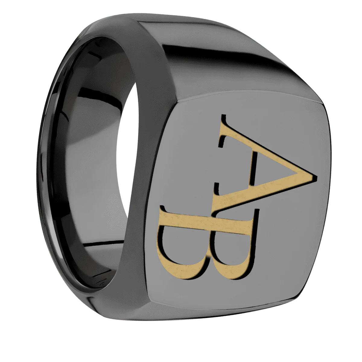 Large Cushion signet ring (18x18mm) in Zirconium, with a Wide style band and a Book Antiqua 2 engraving.