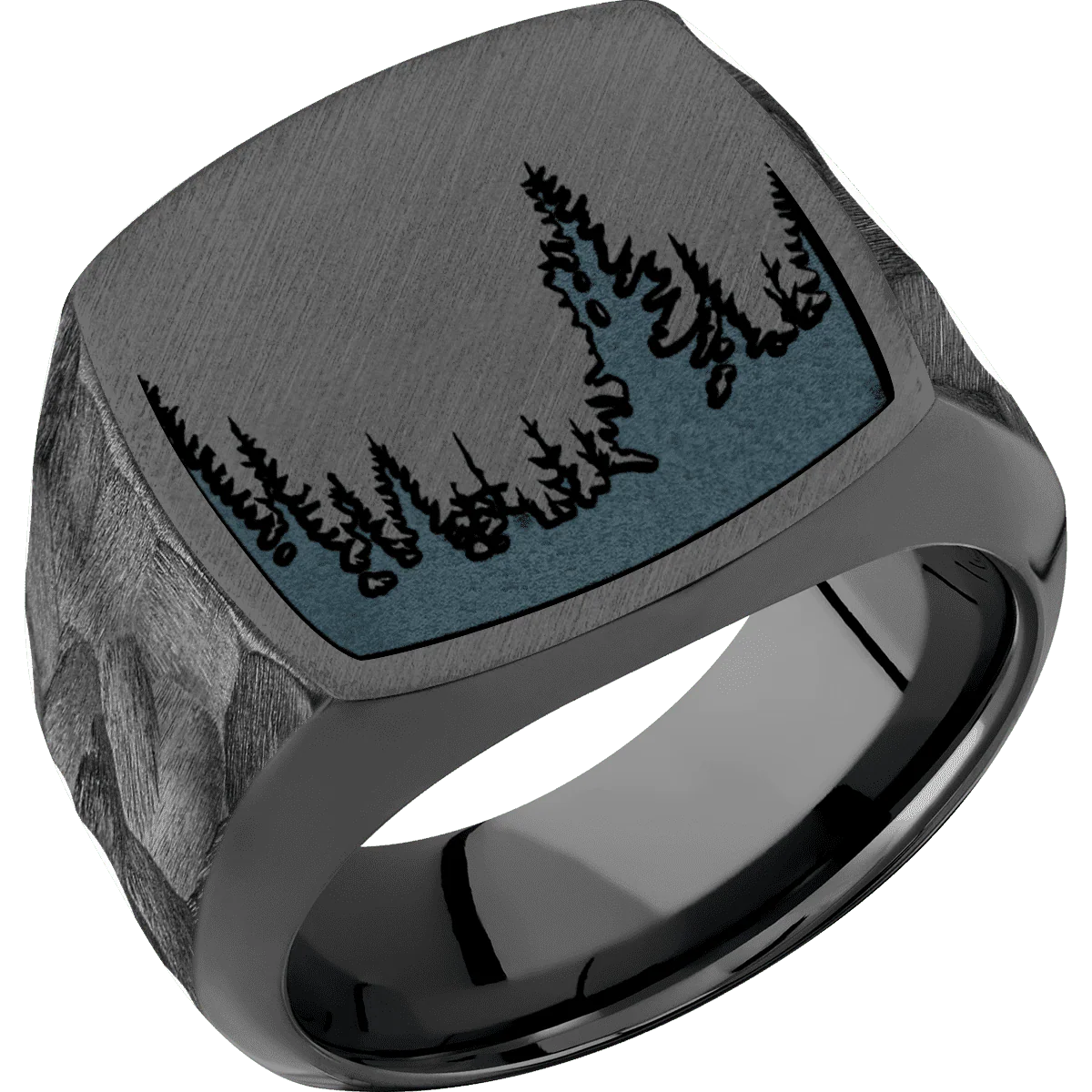 Large Cushion signet ring (18x18mm) in Zirconium, with a Wide style band and a Trees engraving. - Image 2